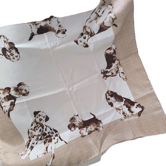 Burberry Womens 100% Silk DOGS  Motif Square Scarf  camel 26.5"x 26.5" NEW - Picture 1 of 11